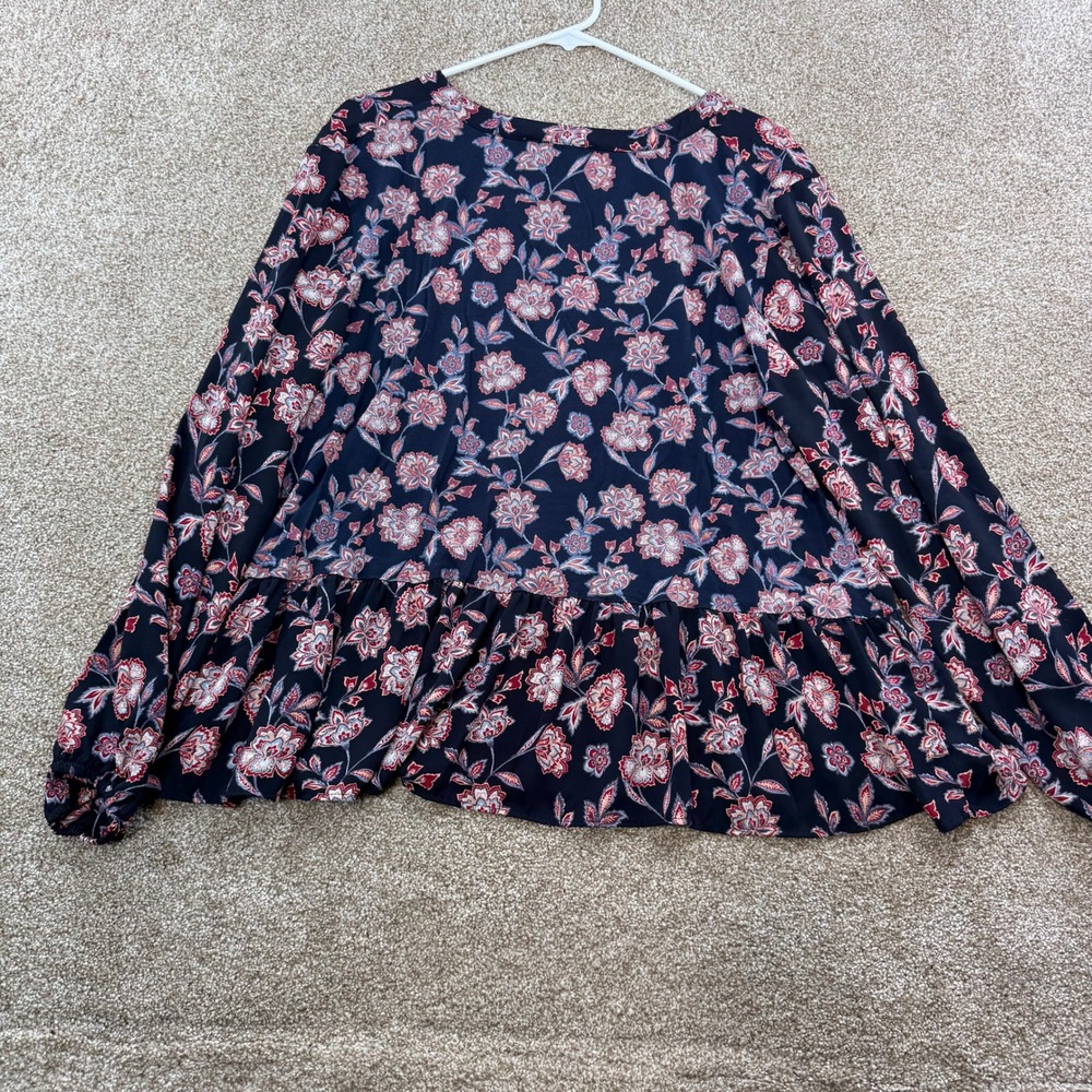 LOFT Womens XL Floral Peplum Blouse Tie Neck Ruffle Hem Long Sleeve Top - Picture 3 of 11